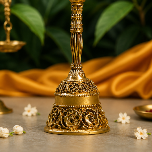 Ambi Divine Pure Brass Hanuman Bell for Pooja & Aarti |Kneeling Hanuman Idol Handle & Gada| 4 Inch - Height