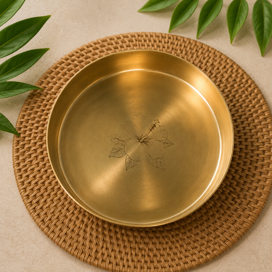 Ambi Divine 100% Pure Kansa High Edge Thali with Hibiscus Etching – 8 Inch