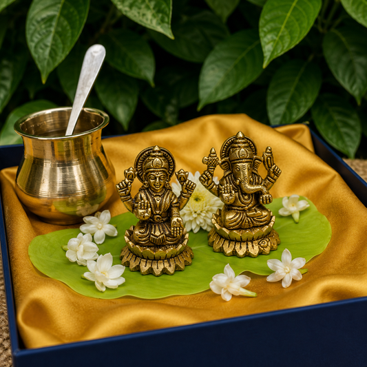 Ambi Divine Pure Brass Lakshmi and Ganesha Idols - 3.5 inch height - Heavy Make