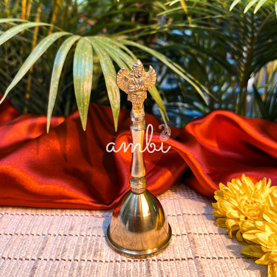 Ambi Divine Pure Brass Garuda Symbol Hand Bell for Pooja & Aarti - 4.7 Inch Height