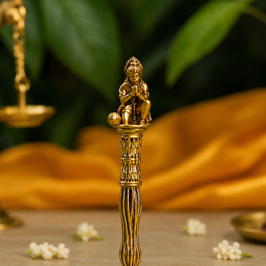 Ambi Divine Pure Brass Hanuman Bell for Pooja & Aarti |Kneeling Hanuman Idol Handle & Gada| 4 Inch - Height