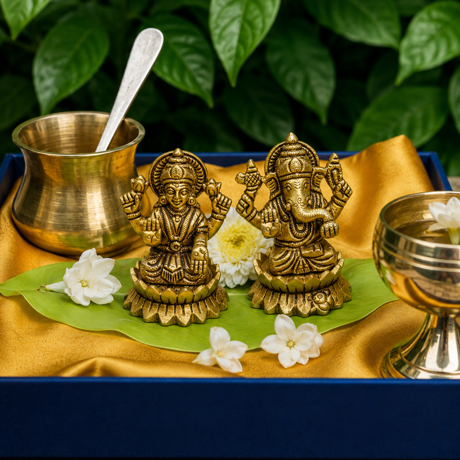 Ambi Divine Pure Brass Lakshmi and Ganesha Idols - 3.5 inch height - Heavy Make