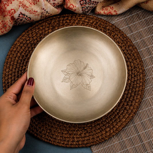 Ambi Divine 100% Pure Kansa Plate with Hibiscus Etching – 8 Inch | Handcrafted Kansa Pooja Plate