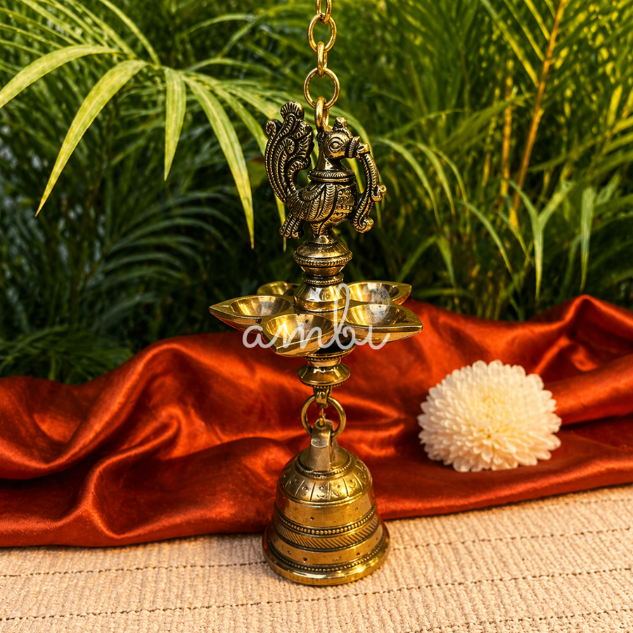 Ambi Divine Pure Brass Hanging Peacock Deepam with 5 Diyas, Chain, Hoop & Bell