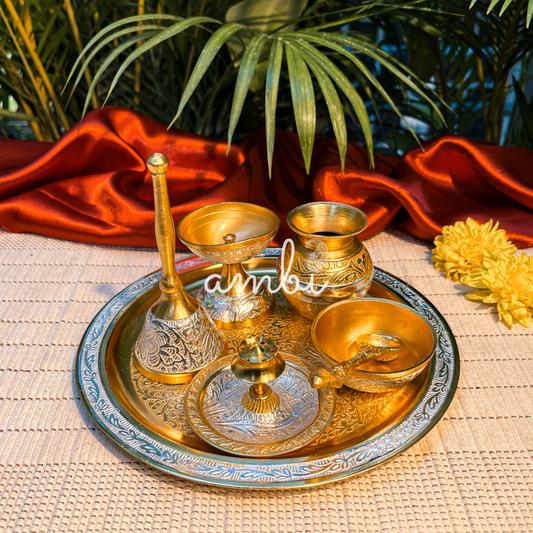 Ambi Divine Pure Brass Puja Thali Set – Traditional Engraved Design
