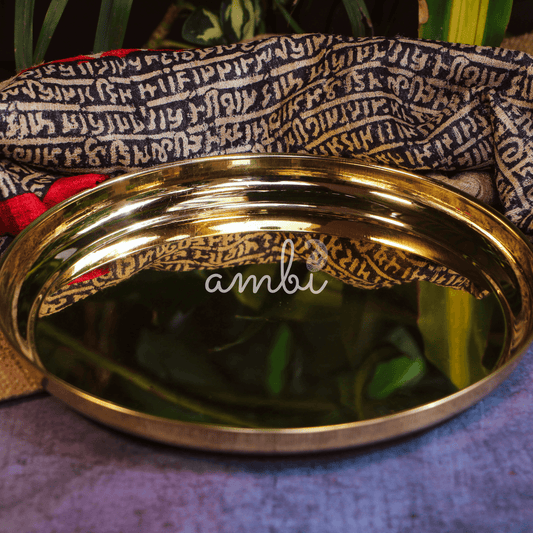 Ambi Divine Pure Brass Peetal Multipurpose Plate For Pooja / Ceremonies / Food - 10 inches Diameter